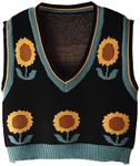 Hyipels Women's Sweater Vest,Y2K Sleeveless Pattern Preppy Style Knitted Crop Tank Top for Girl, B Black-sunflower, X-Large