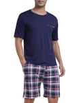 JINSHI Pajama Set for Men Short Sleeve Top and Plaid Lounge Short with Pocket Summer Pyjama Set Navy/Red,2XL