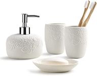 Bathroom Accessories Set with Embossed Design 4PCS, Ceramic White Bathroom Accessory Set, 1Pcs Bathroom Soap Dispenser 14oz, 2Pcs Tumbler Cup, 1Pcs Soap Dish, ANTIS'S HOME