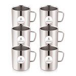 Arham Stainless Steel Premium Double Wall Espresso Coffee Mug, Set of 6 | Tea Cup with Handle and Flat Base, Strong, Durable, 250 ml Each, Silver (Big)
