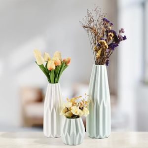 WHOLE HOUSEWARES Ceramic Vases for Home Decor Set of 3 - Elegant Modern Design - Decorative Flower Vases - Versatile Sizes - Off White and Light Green - Ideal for Entryway and Living Room Decor