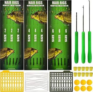 JSHANMEI 25pcs Carp Fishing Hair Rigs Kit, Including 18pcs Carp Rigs 3 Cards Boilie Stoppers and 4pcs Bait Needle Tool Carp Fishing Leader Rigging Terminal Tackle Set