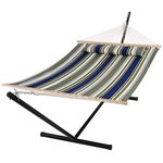 SUNCREAT 2 Person Double Hammock with 12 Foot Steel Stand, Includes Quilted Fabric Bed and Pillow, Blue & Aqua