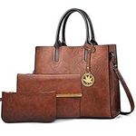 BestoU Handbags for Ladies Black Large Leather Purses for Women Tote Messenger Shoulder Crossbody Bag Set 3pcs (Brown)