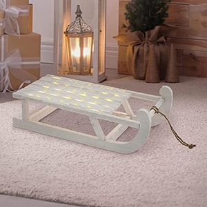ECD Germany Trineo Decoración Navideña de Madera, 50,5 x 13,5 x 23,5 cm, Blanco, Iluminación LED, Adorno Navideño, Función con Pilas, Accesorio Festivo Ornamento Original para Árbol de Navidad