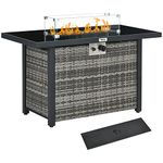 Outsunny Propane Fire Pit Table 43" Outdoor Fire Table, 50,000 BTU Pulse-Ignition Wicker Firepit Furniture with Glass Wind Guard, Blue Glass Rock, CSA Certification, Grey