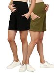 The Mom Store Maternity Shorts for Pregnancy - Stretchy Comfort Fit Pregnancy Shorts for Expecting Moms - Breathable Cotton Fabric with Adjustable Drawstring Waistband(Olive &Black, 3XL)