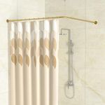 Yampos L Shaped Corner Shower Curtain Rod, 24"-37" x 24"-37" Adjustable 90 Degree Curved Bathroom Rod Square Rail No Sag with 12 Hooks & Ceiling Support - Gold