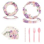 Flunyina 168pcs Flower Tableware Kit for 24 Guests Purple Floral Printed Paper Plates Napkins Pink Cutlery Paper Straws Disposable Party Supplies for Bridal Baby Shower Wedding Birthday Tea Parites