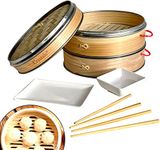 Crystals 8 Inch Organic Bamboo Steamer Basket Large 2-Tiers with Lid and 2 Plates, 2 Pair Chopsticks Strong, Durable and Reinforced Best for Dim Sum, Vegetables, Meat and Fish - Hand Made