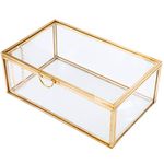 HighFree Copper Golden Vintage Glass Lidded Box Decorative Jewelry Keepsake Display Organizer Clear Rectangle Box Rings Bracelet Golden Organizer for Wedding Birthday Party Decor (5.75x3.5x2 in)