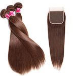 Aiokrtse Peruvian Virgin Hair Straight Human Hair Bundles Hair Weave 100% Human Hair Extensions 14 16 18 with 12" Free Part 4X4 Lace Closure #4 Light Brown Color