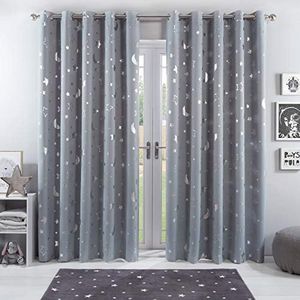 Dreamscene Galaxy Star Thermal Blackout Curtains Pair of Eyelet Ring Top Panels Kids Metallic Moon - Silver Grey, Width 46" x Drop 54"