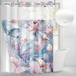 Culudea Sea Shells Coral No Hook Shower Curtain with Snap in Liner, Starfish Seashell Underwater Bath Curtain with Double Layers Waterproof Fabric and Mesh Top Window 71x74 Inch