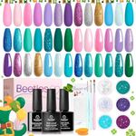 Beetles Gel Nail Polish Kit, Mermaid 20 Colors Purple Green Blue Gel Polish Starter Kit Soak Off Base Gel Matte Top Coat Nail Brushes Glitter Mermaid Sticker Christmas Decorations Gifts for Women