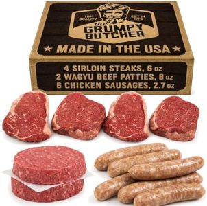 Grumpy Butcher Chef-Crafted Grilling Meats Bundle – 4 Top Sirloin Steaks (6 oz), 2 Wagyu Beef Hamburger Patties (½ lb each) & 6 Chicken Sausages (4.6 lb total) – Frozen Gourmet BBQ Sampler Gift Box for Holiday