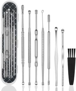 Hion 6 Pcs Ear Wax Removal Kit,Professional Double-Headed Ear Pick Earwax Removal Tools,316L Stainless Steel Ear Cleaner Curette with Cleaning Brush and Storage Box,Suit for Kid Adult(Silver)