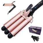 Mistcado 3 Barrel Hair Curler, 25mm Ceramic Tourmaline Hair Curling Iron Waver Wand with LCD Temperature Display, Fast Heating Foldable Crimpers for Travel (Gold)