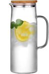TIENER Borosilicate Glass 1 LTR Water Jug with Handle, Juice Beverage Carafe with Bamboo Lid, Big Glass Iced Tea Pitcher, 1 Pcs Set (Borosilicate 1 Liter Stright)