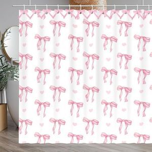 BOARDFEB Bow Shower Curtain, Coquette Handcrafted Bow Tie Bath Curtains for Master Bathroom Modern Aesthetic Cloth Shower Curtain Set with Hooks 72 x 72 Inch
