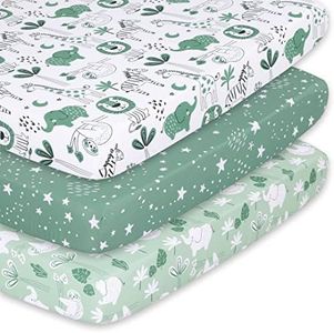 The Peanutshell 3-Pack Fitted Playard Sheets - Soft & Breathable Baby Boy or Girl Mini Crib Sheets, Pack N Play Mattress, Fits Standard Playard Pack Play Mattresses - Green Safari