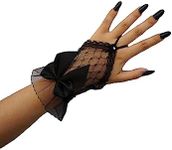 OYOANGLE Women's Floral Lace Bow Front Short Wrist Cuff Wedding Wrist Length Bridal Prom Gloves Black Mesh One Size