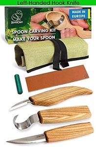 Wood Carving Tools Set for Spoon Carving 3 Knives in Tools Roll Leather Strop and Polishing Compound Hook Sloyd Detail Knife, Left-Handed Spoon Carving Knives