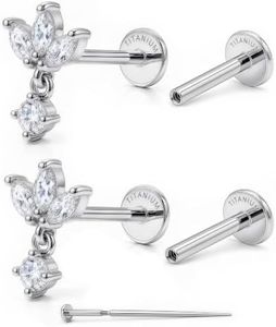 YACHY G23 Titanium Flat Back Earrings, 18G Labret Studs, 2-Piece, Silver