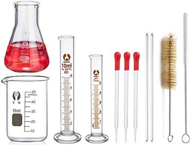 Flacons Erlenmeyer en Verre, JESSTOLO 50 ml Flacon Conique En Verre, 50ml Bécher en Verre, 10ml/5ml Cylindre Graduées, 2 Brosses de Nettoyage, 3 Eprouvette en Verre et 2 Agitateurs en Verre