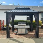 PURPLE LEAF 2.45 x 3m Hardtop Gazebo Permanent Outdoor Garden Gazebo with Galvanised Steel Double Roof, Aluminium Frame Patio Gazebo with Curtains & Netting for Lawn Deck, Grey
