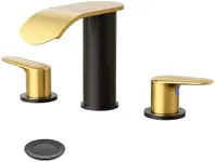 WOWOW Waterfall Bathroom Faucet 3 Holes 8Inch Widespread Bathroom Sink Faucet, Two Handles Lavatory Vanity Sink Faucets with Pop-up Drain & Supply Hoses, Modern Faucet Mixer Taps Black and Gold