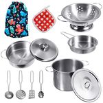 Kids Play Kitchen Accessories with Pots and Pans Playset,Mini Stainless Steel Kitchen Pretend Play Toys,Cooking Utensils with Storage bag for Girls Boys