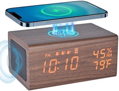 Wooden Digital Alarm Clocks,10W Wireless Charging with 3 Alarms, Dual 5W Stereo Bluetooth Speaker and Light Up with Sound, Adjustable Brightness Date Display Clock for Bedroom, Heavy Sleepers Adults