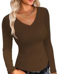 Ekouaer Long Sleeve Shirts for Women V Neck Basics Tops Lightweight Base Layer Slim Fit Top Thermal Undershirts Tee Brown L