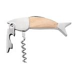 kwmobile Fish Design Wine Opener - Wood & Stainless Steel Novelty Tool w/Corkscrew | Bottle Cap Opener | Small Knife - Silver