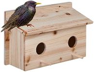 Relaxdays Nesting Box for Starlings, Fir Wood, 2 Entrances Ø5 cm, Perch, Bird House to Hang, HWD: 22x35x18cm, Natural