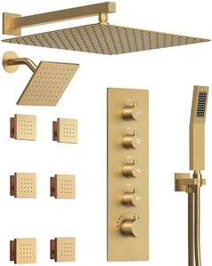 GRANDJOY Dual Rainfall Shower head System, 16"" Wall Mount Bathroom Shower Faucet with Handheld Sprayer & 6 Body Jets, Brushed Gold, 10GJ-64