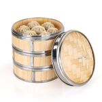 WENLISELL Bamboo Steamer 8 Inch, 3 Tier Bamboo Food Steamer Basket with Lid, 20cm Metal Rings Dumpling Steamers for Dim Sum, Bao Buns, Meat, Fish