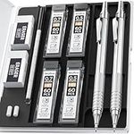 Nicpro 2 PCS Mechanical Pencils 0.5mm & 0.7 mm with Case, Metal Artist Pencil Set with 4 Tubes HB Lead Refills, 2 Erasers, 9 Eraser Refills For Art Writing Drafting, Drawing, Sketch, Silver