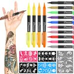 Sanlebi Temporary Tattoo Pen Removable Tattoo Pens Multi-coloured Tattoo Kit for Body & Face with 15 Tattoo Pens 5 Tattoo Stencil Papers, Gifts for Teen Girls Boys Adults