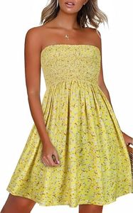 CHICGAL Summer Dresses for Women Strapless Floral Print Sundresses Beach Cover Ups(Yellow Small Flowers,M)