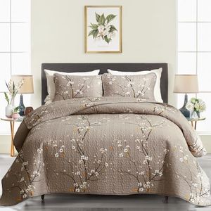 3 Pieces Quilt Set Queen Full Size 88x88 Tan Gray Branch Floral Style Soft Reversible Microfiber Lightweight Coverlet Bedspread Summer Bedding Set Bed Cover for All Season (1 Quilt+ 2 Shams)