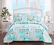 Ycosy 3 Piece Beach Quilt Set King Size Coastal Bedding Set Blue Green Lightweight Quilts Ocean Seahorse Conch Seashell Bedspreads Reversible Coverlets with 2 Pillowcases