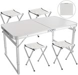 Rainberg Camping Table Set with 4 Chair, Outdoor Indoor Use for BBQ Picnic Garden Parties Set In White Foldable Portable Design 4FT Size