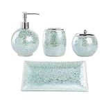 WHOLE HOUSEWARES | Bathroom Accessory Set | Accesorios de Baño | 4-Piece Decorative Glass Bathroom Accessories Set | Soap Dispenser, Tray, Jar, Toothbrush Holder | Gift Idea | Mosaic Glass (Turquoise)