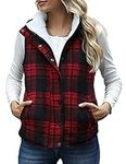 Zilcremo Women Winter Buffalo Plaid Jacket Vest Padding Vests Sherpa Fleece Zip Up Quilted Gilet Coat Red S