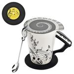 BUYNEED Piano Mug Musical Note Coffee Cup With Cool Music Themed Lid with Handle with Spoon&Coaster,Music Teachers Gifts,Musicians Gifts,Music Lovers Gifts for Men,Women,Black