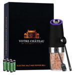 Votre Château Gravity Salt and Pepper Grinder Set with Spice Scoop and Brush - Battery Operated Salt and Pepper Grinder Set - Gravity Electric Salt and Pepper Grinder Set - Black (Set of 1)
