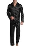 Men's Satin Pajamas Long Button-Down Pj Set Sleepwear Loungewear (Black, XXL)