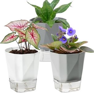 Samhe 3 Pack Self Watering Planter Pots, 4.9 Inch African Violet Pots for Indoor Outdoor Windowsill Gardens, Plant Pot with Wick Rope and Reservoir